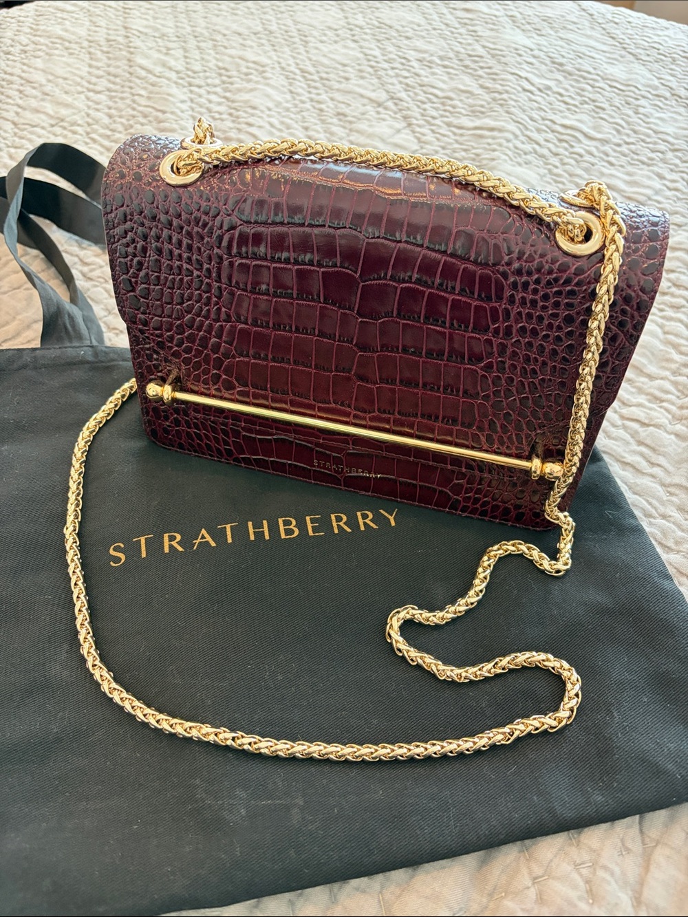 Strathberry Burgundy Croc-Embossed Leather Chain Shoulder Bag